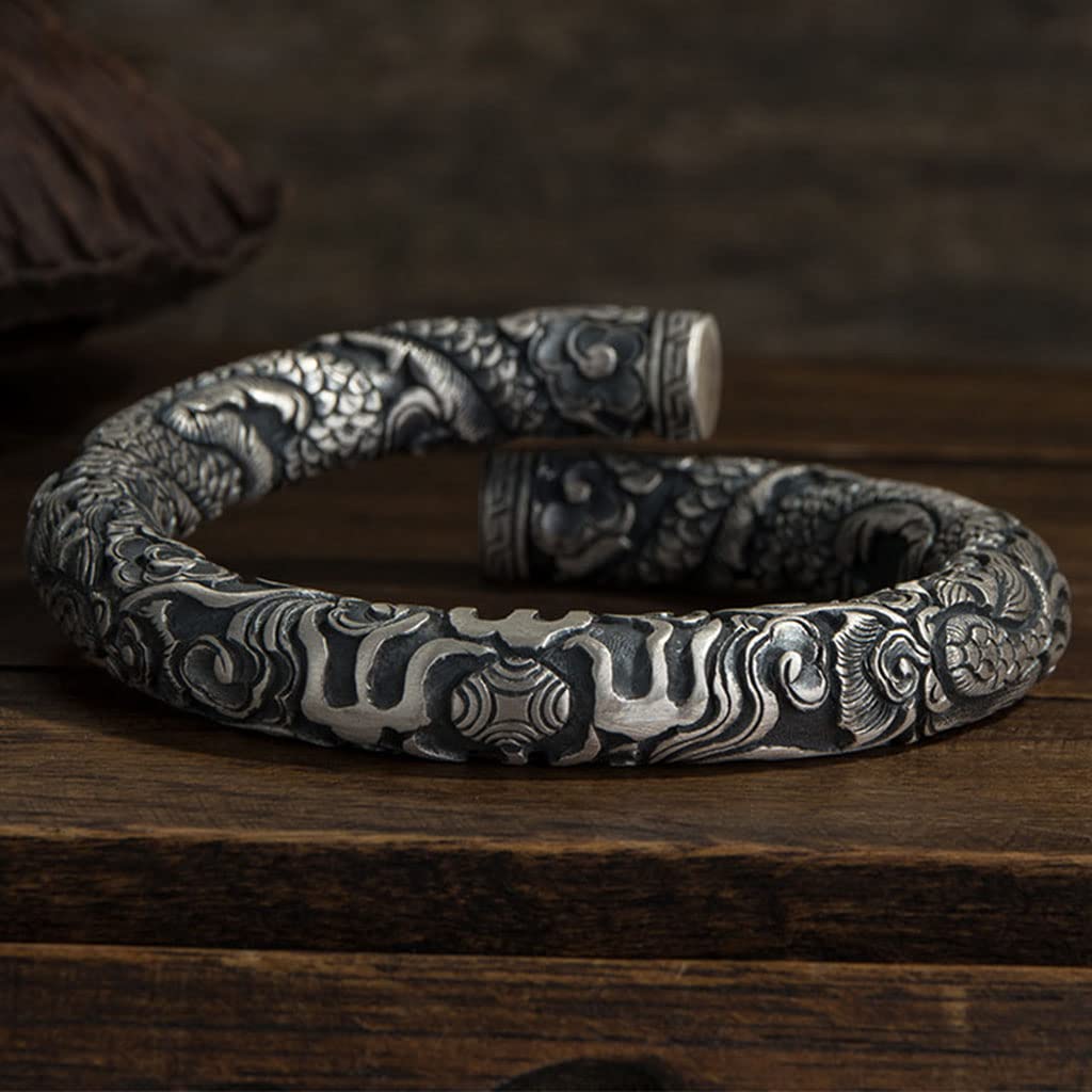 Viking Herren 999 Sterling Silber Armband, Handgemacht Nordisch Weinlese Drachen Totem Tattoo Drucken Manschette mit Offenem Armreif, Punk Gotisch Schmuck Geschenke
