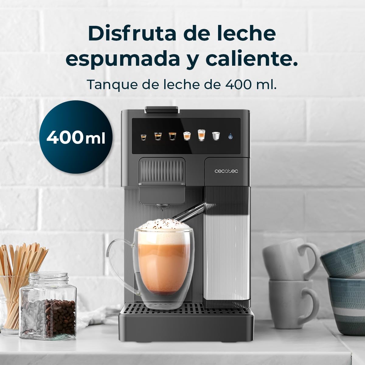 Cecotec Kompakte Espresso-Kaffeemaschine mit Milchbehälter FreeStyle Latte. 1350W, 20 Bar, kompatibel mit gemahlenem Kaffee, Dolce Gusto, Nespresso und K-fee, 1,6L Wassertank und 400ml Milchbehälter