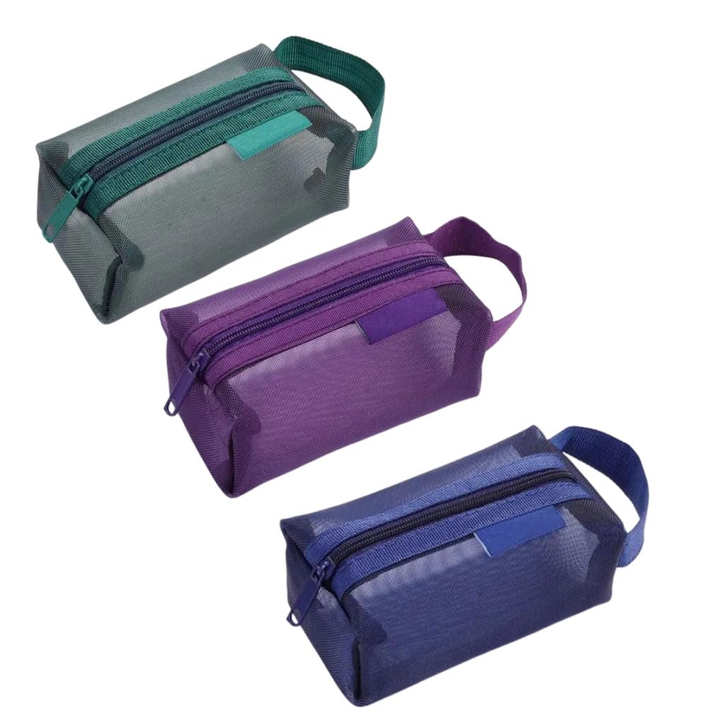 Finyoffiy 3pcs Portable Square Mesh Storage Bag,Zippered Cosmetic Bag,Small Square Mesh Coin Purse Travel Storage Carry Pouch (Green, Purple, Dark