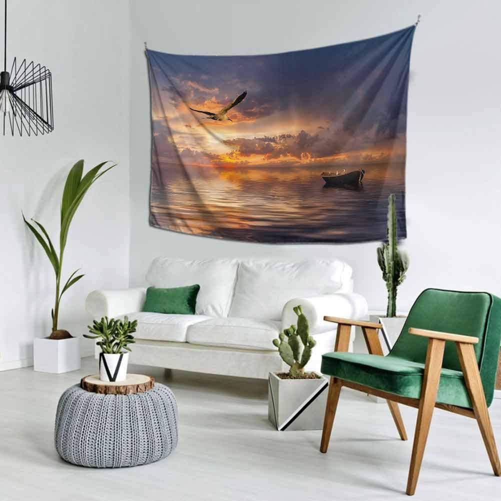 Landscape Wall Tapestry Small （60x40 Inch） Lonely Boat and Bird Against a Sunset at Ocean with Majestic Clouds in Sky Easy to Hang Blue Purplegrey