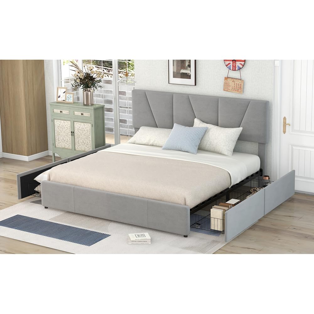 Cama de Matrimonio tapizada, Plataforma con 4 cajones en 2 Lados, cabecero Ajustable, no Necesita somier (160 * 200cm-gris)