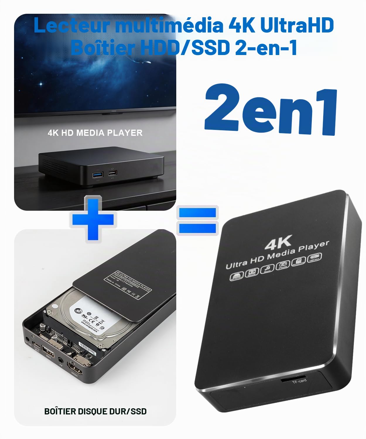 ACEMAX Lecteur multimédia hors ligne 4K @ 60 Hz avec boîtier SATA HDD/SSD 2,5", lecteur de signalisation numérique H.265/HEVC avec lecture automatique, boucle et reprise, USB, microSD, HDMI et sortie