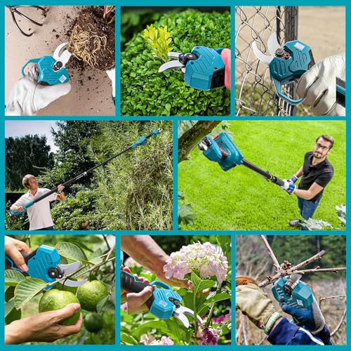 TOCiTAA Electric Pruning Shears Compatible with Makita Battery, Pruners for Gardening 1.5-2 Inch Cutting Diameter with 2 Pack 2.0Ah Batteries, Cordless 13ft. Pole Pruner with Pruning Blade
