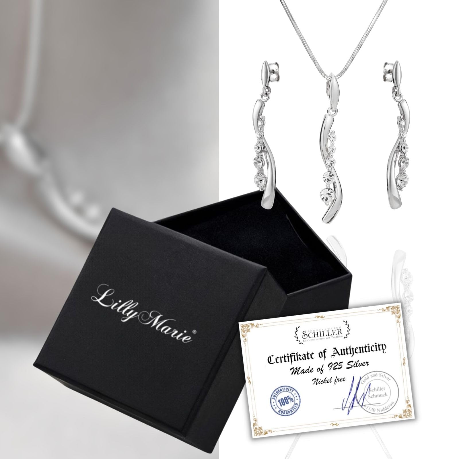 LillyMarie Damen Silber-Schmuckset Sterling-Silber 925 Anhänger Welle Kristalle längen-verstellbar Schmucketui Hochzeitsschmuck
