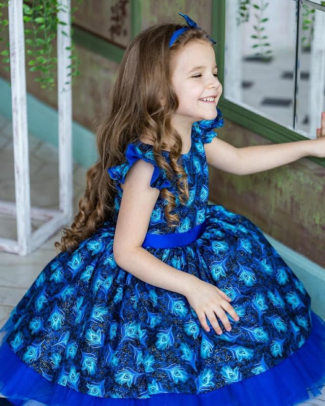 Image of Niren Enterprise Blue Dragon Peacock Feather ptinted Baby Girl Dress and Frock
