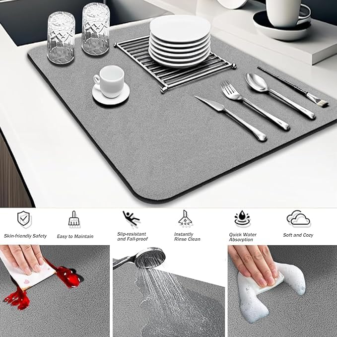 Image of KRLZ Dish Drying Mat, Super Absorbent, Non-Slip, Quick-Drying with Dirt-Repellent Rubber Sole, Dish Drying Mat Sink for Kitchen, Coffee Machine, Cutlery, Glasses