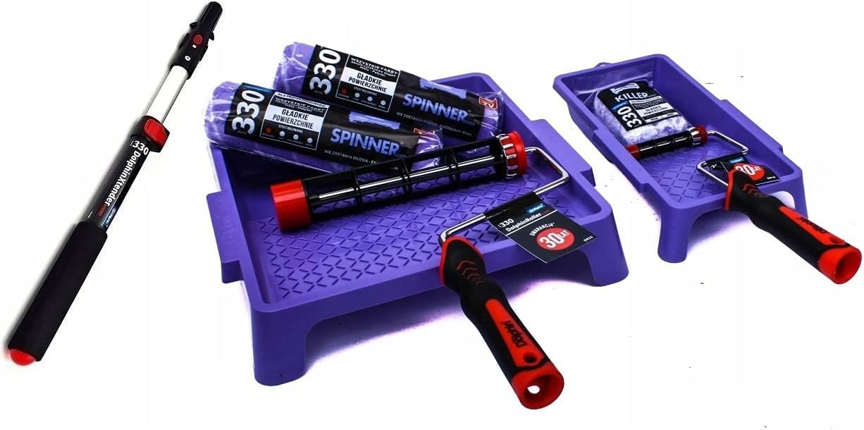 Malerset 9 tlg: 2x Farbroller Spinner - 2x Farbrolle Killer Mini - 2 x Roller-Griff - 2 x Farbwanne – Aluminiumstick- Streichsets für Wandfarbe -Farbzubehör Blue Dolphin – Made in EU (malset xxl)