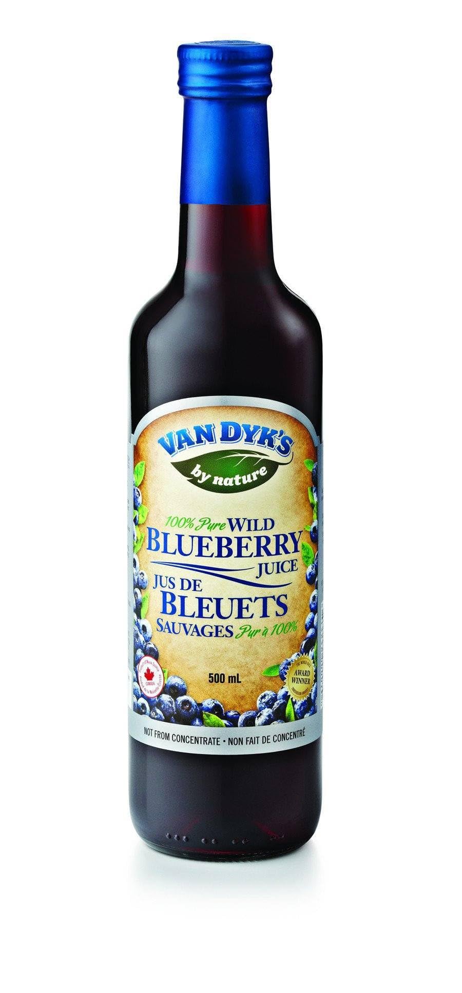 Van Dyk’s 100% Pure Wild Blueberry juice (Vaccinium angustifolium), 100% Saft, ohne Zuckerzusatz, nicht aus Konzentrat, Glasflasche, 500 ml (12 Stück)