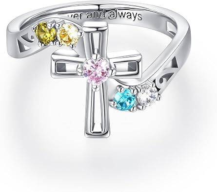 callie Personalized Cross Birthstones Ring for Women, Custom Christian Faith Purity Ring with Text, Sterling Silver | Baptism Religious Catholic Jewelry Gifts for Mom Grandma