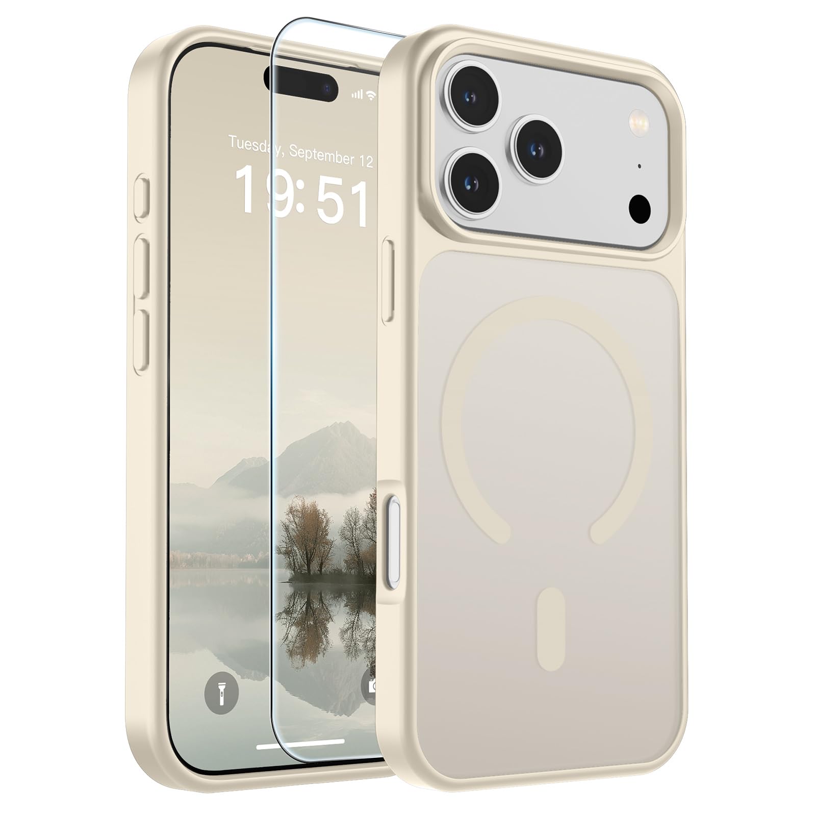 SUPFINE Magnetic for iPhone 17 Pro Max Case Antique White | With Screen Protector, Translucent Matte, Compatible with MagSafe, Military Grade Drop Proof, Rugged Shockproof Protective