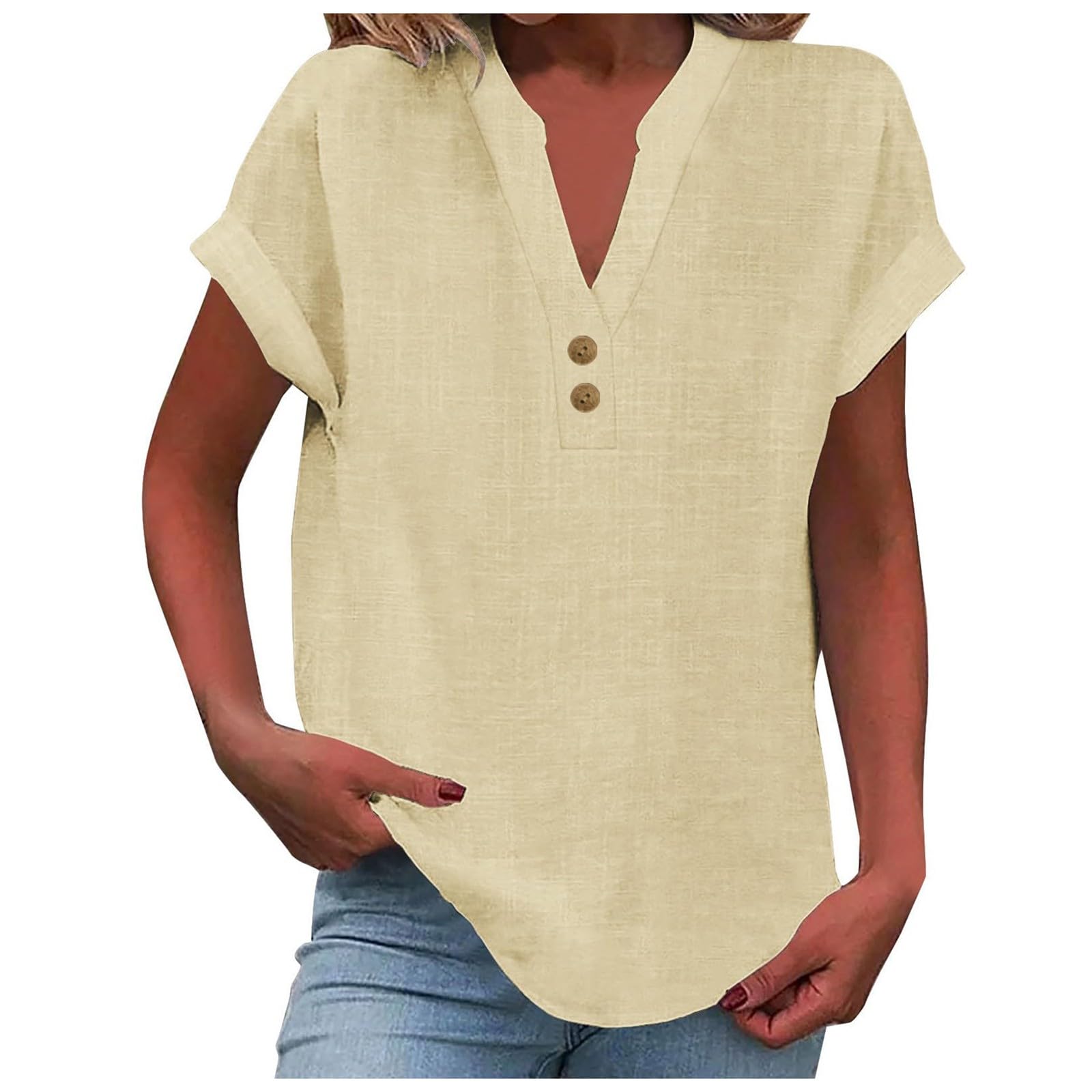 KBOPLEMQ Blusa de muselina para mujer, cuello de pico, camiseta con botones, vintage, monocolor, blusa de lino, blusa de verano, manga corta, blusa de algodón, camiseta de lino, tallas grandes, camisa de lino