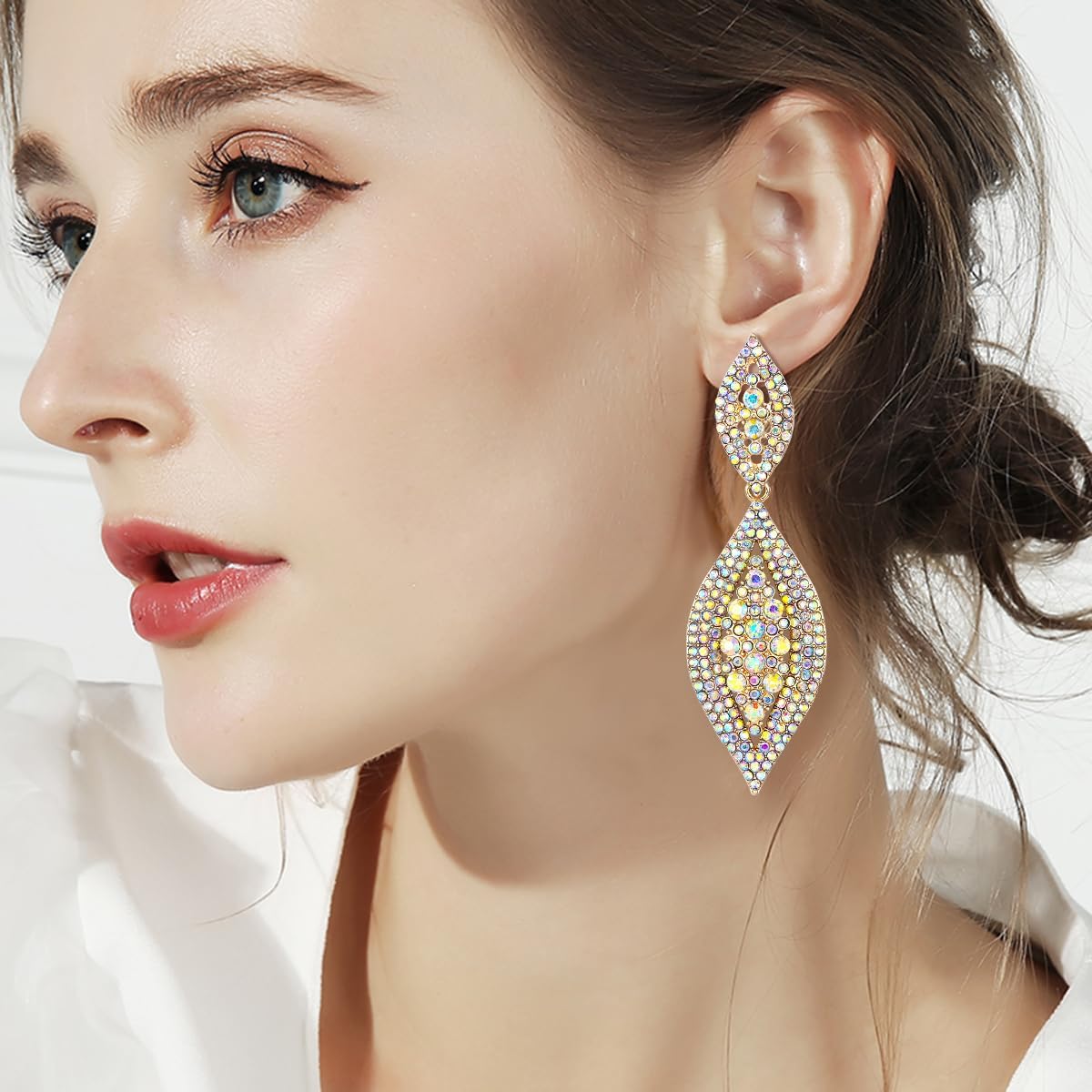 Flyonce Women's Rhinestone Crystal Wedding Bridal 2 Leaf Drop Dangle Chandelier Earrings - Image 2