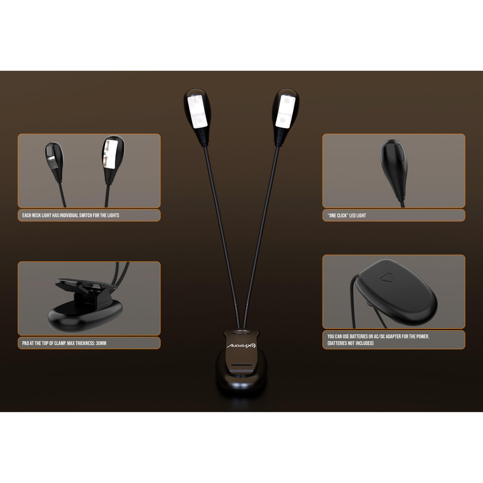 Audibax Niza 4 – Lampe Double Pupitre – Lampe pour Partitions Alimentée par Batterie – Réglage Individuel de l'Intensité – Connectivité Filaire AC/DC – Lampe de Piano pour le Soin des Yeux