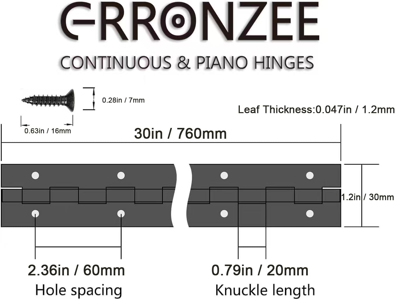 2 bisagras de piano resistentes de 30 x 1.2 pulgadas, bisagra continua de acero inoxidable negro para gabinete, puerta, cajas de madera, grosor de hoja de 0.04 pulgadas, ancho abierto de 1.2 pulgadas