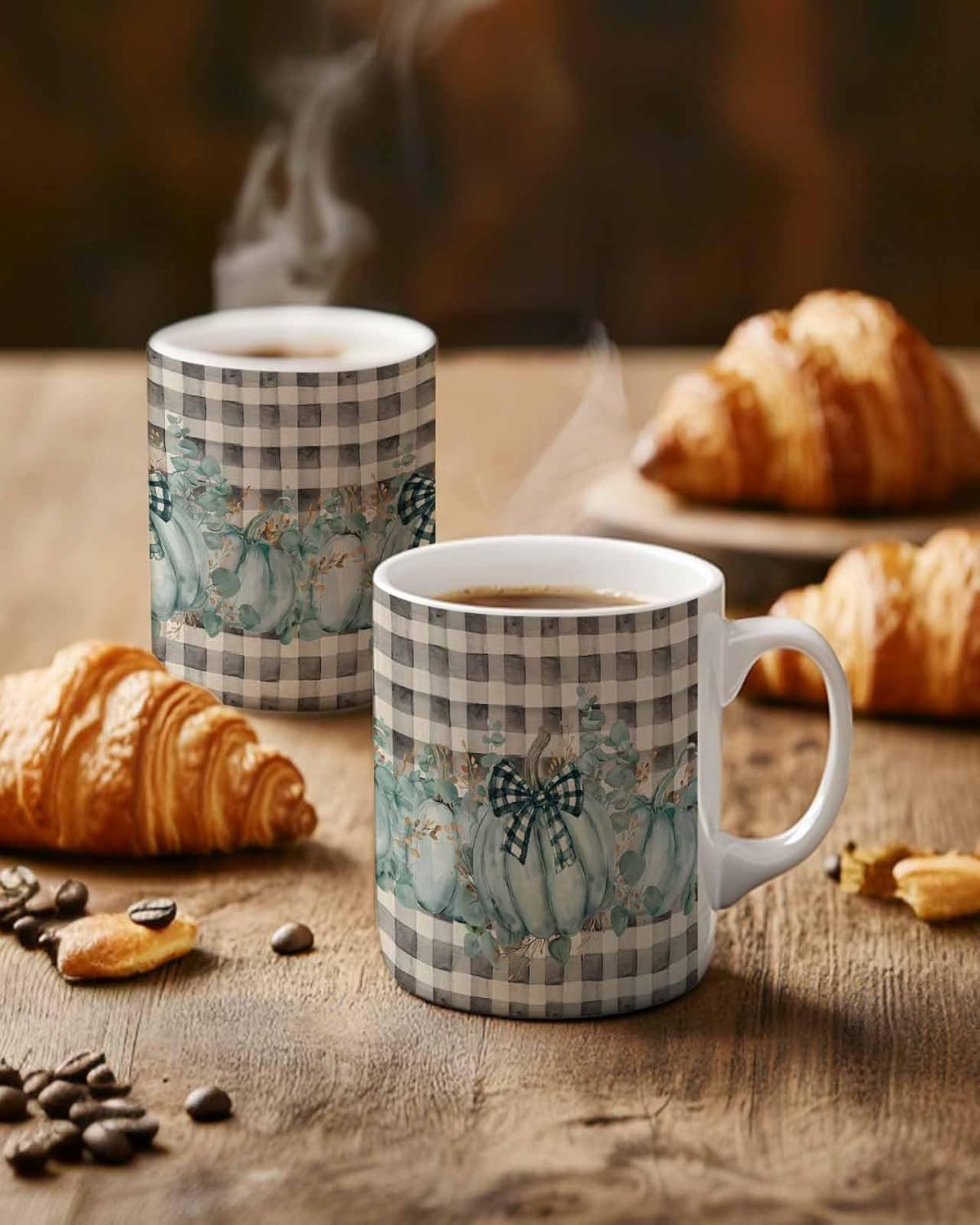 BEMIGO Ceramic Coffee Mug Fall Vintage Buffalo Plaid Ceramic Mug White Cup, Aqua Pumpkin Insulated Coffee Cup with Handle with Pattern Perfect for Tea and Hot Beverages, 12oz