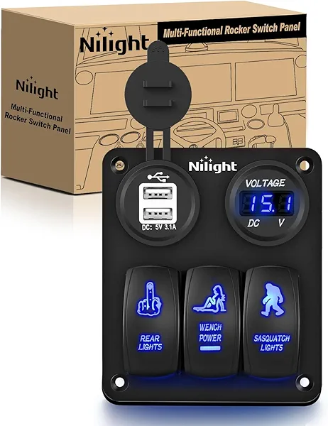 Nilight 3 Gang Rocker Switch Panel USB Charger LED Voltmeter Sasquatch Lights Wench Power Rear On Off Aluminum Waterproof Toggle for 12V Cars Trucks Boats