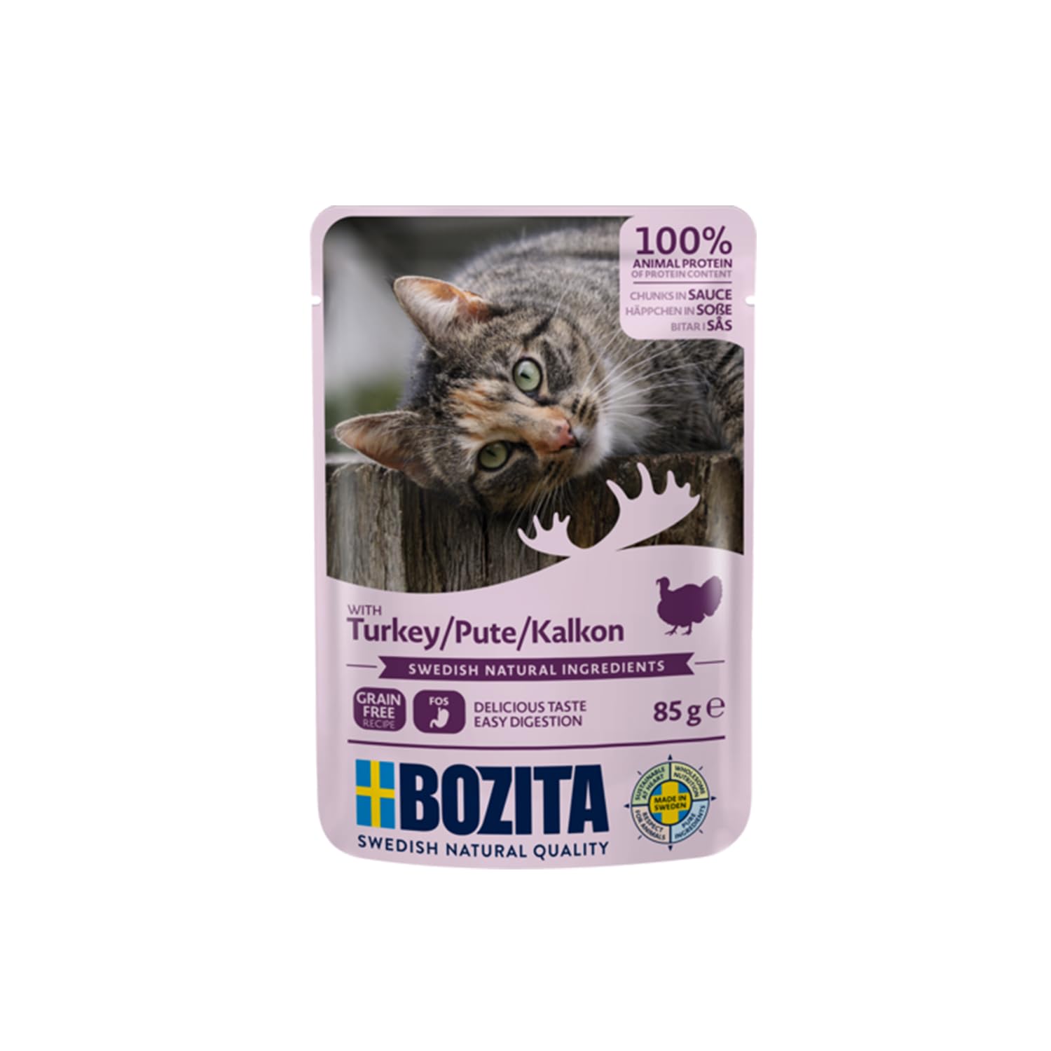 Bozita Pouch Nassfutter Häppchen in Sauce mit Pute - 12x85g Portionsbeutel getreidefreies & weizenfreies Futter für Katzen - Katzennassfutter für erwachsene Katzen mit 8,5% Protein & 4,5% Fettgehalt