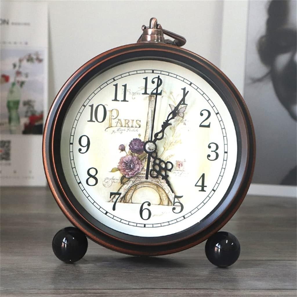 Vintage Quartz Glass Lens Roman Numerals Alarm Clock Retro European Style Desktop Clock with Flower Print for Bedroom