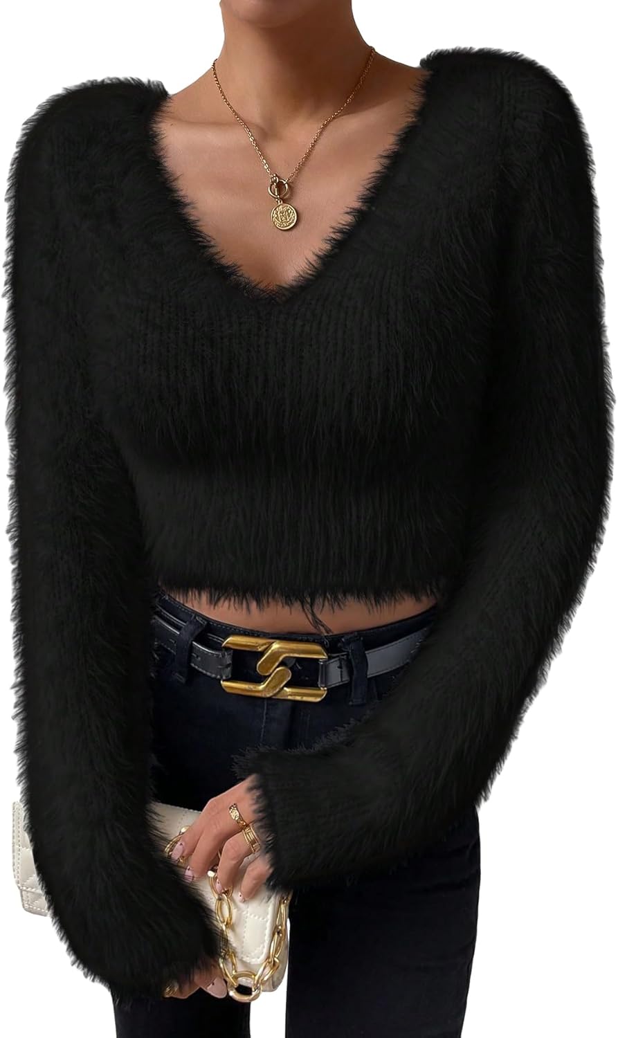 SweatyRocks Women's Fuzzy Fleece Long Sleeve V Neck Crop Sweater Casual Plain Slim Fit Warm Knitwear Sweater Tops