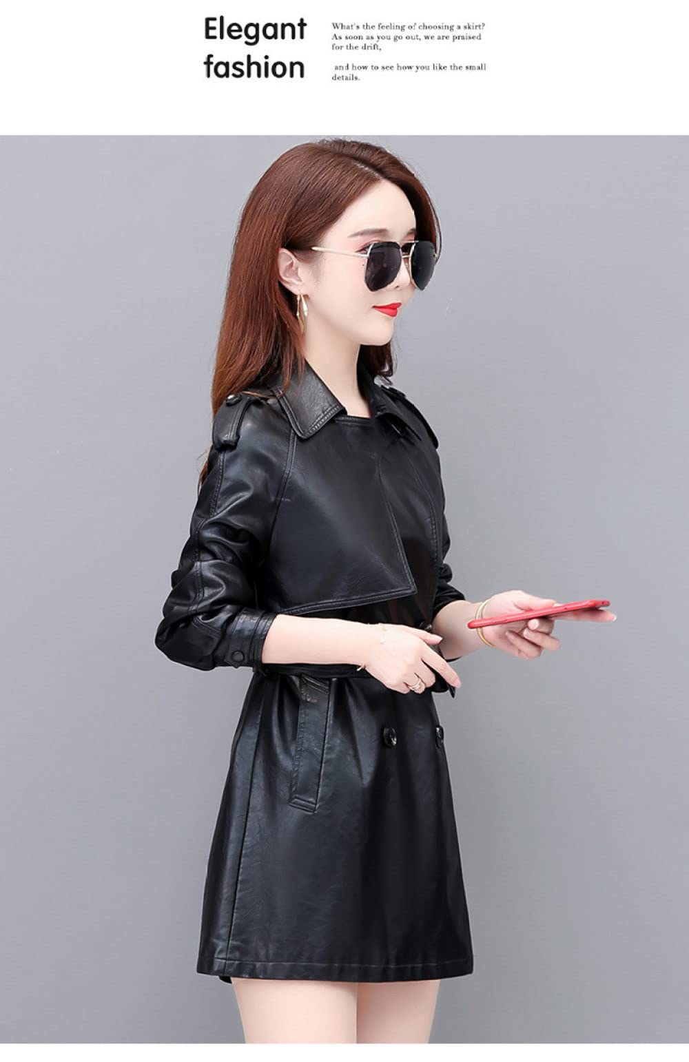 Chaqueta Moto Mujer,Gabardina Corta De Piel Sintética Para Mujer Chaqueta Panel De Solapa Negra Cinturón De Doble Botón Elegante Manga Larga Slim Fit Moto Biker Pu Abrigo Bombardero Motocicleta O