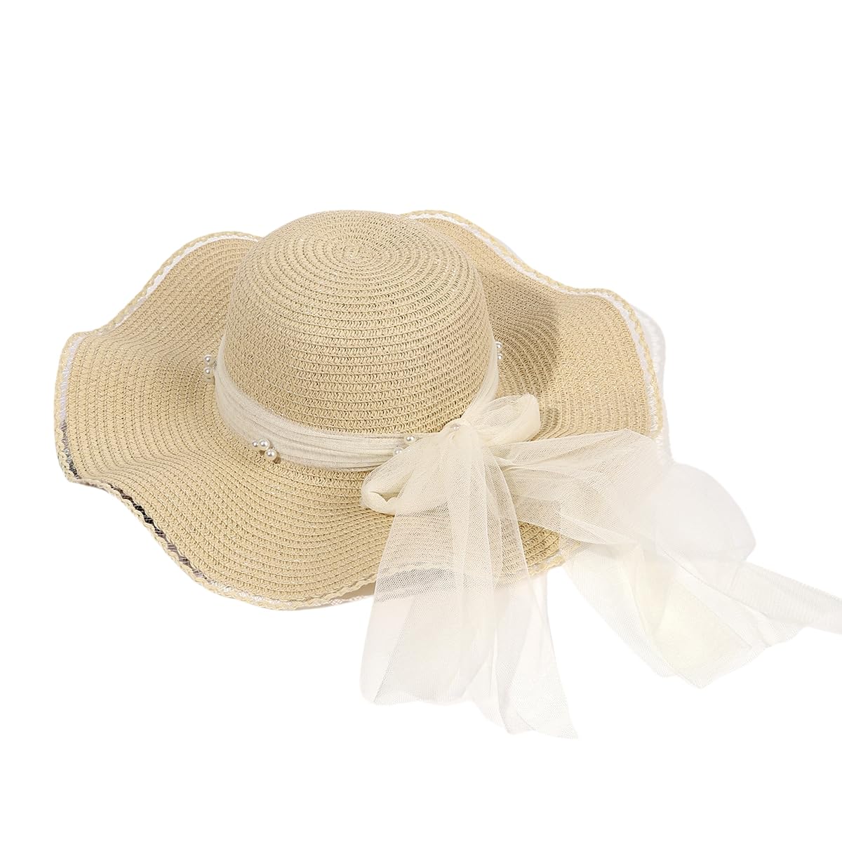 Sombrero de Paja Transpirable de ala Ancha con Volantes,Sombrero de Verano para Mujer con Protección UV,Tejido de Paja y Lazo de Tul Perlado,Sombrero de Playa para Vacaciones,Viajes y Actividades Al