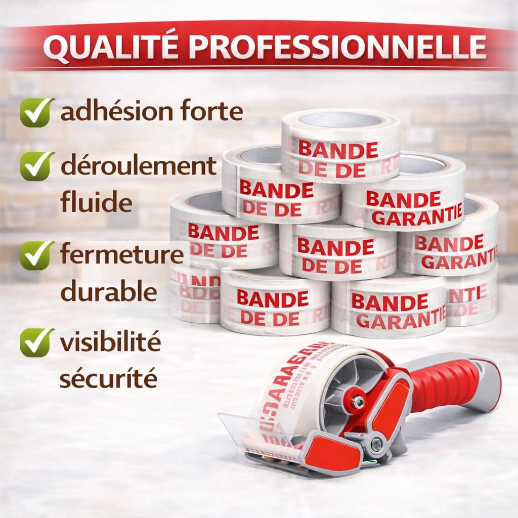 Ruban Adhésif BANDE DE GARANTIE - 50 mm x 66 m – Lot de 18 Rouleaux + Dévidoir Offert – Adhésif Blanc & Rouge – Ruban Adhésif Emballage pour Cartons, Déménagement, Colis, Stockage et Expédition