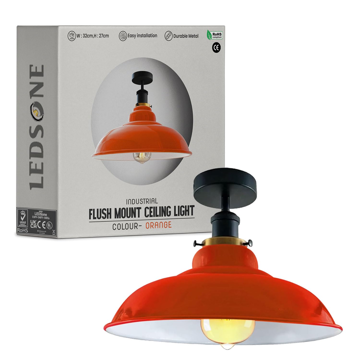 LEDSone Industrial Semi Flush Mount Ceiling Lights Metal Cone Shade E27 Base Lamp Holder Vintage Style Ceiling Lighting Lights for Living Room Hallway Ceiling Metal Large Rustic 32cm Shade Pendant