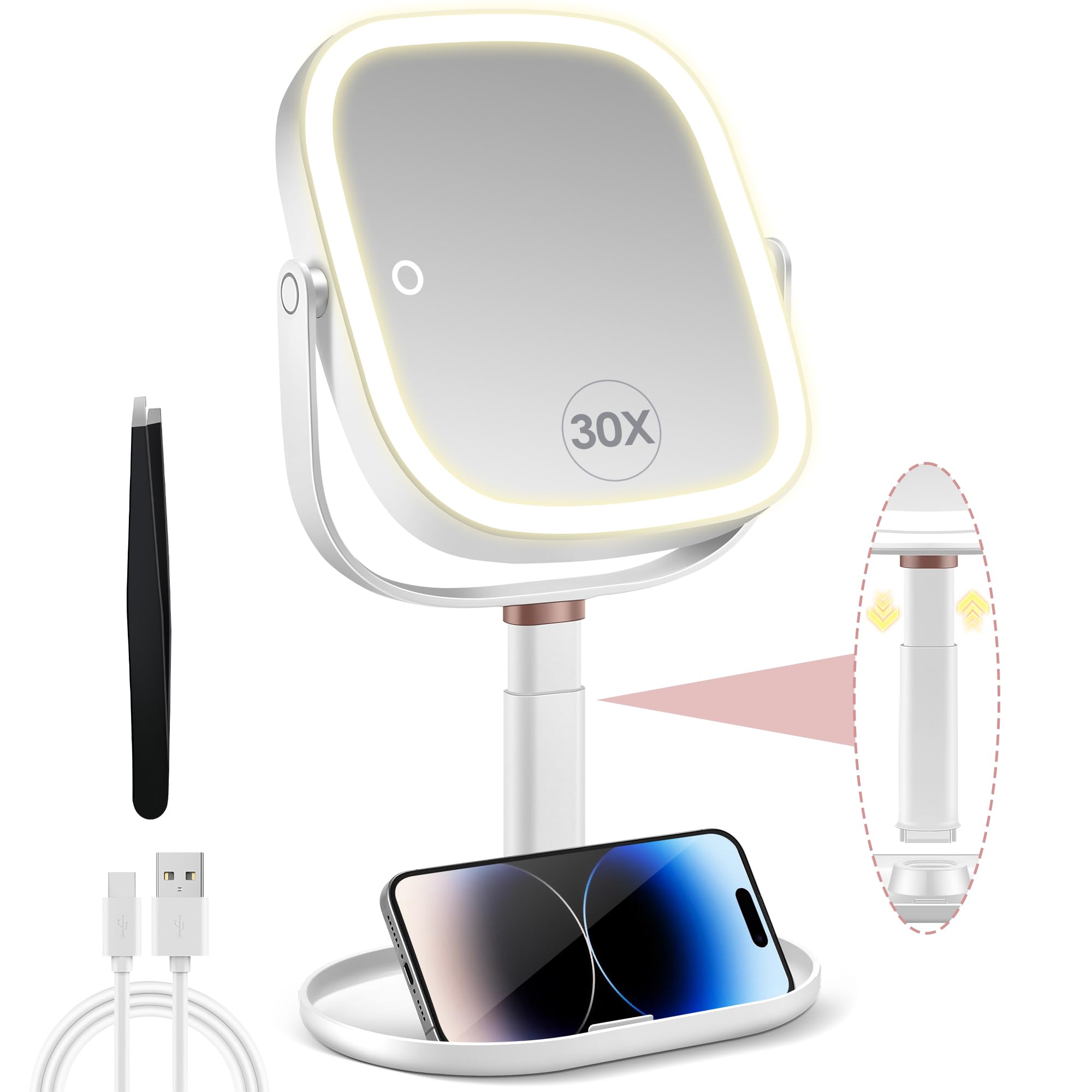 B Beauty Planet Magnifying Mirror with Light 30X/1X, Height Adjustable Makeup Mirror with 3 Color Lights, 360°Rotation and Detachable, with cell phone holders and tweezers, Rechargeable for Bathroom