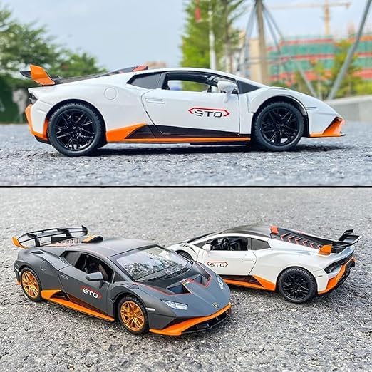 Image of DEOXY 1 /24 Big Lamborghini Huracane STO Toy Car - Metal Pull Back Diecast Model with Openable Doors, Sound & Lights for Kids and Collectors (STO White)