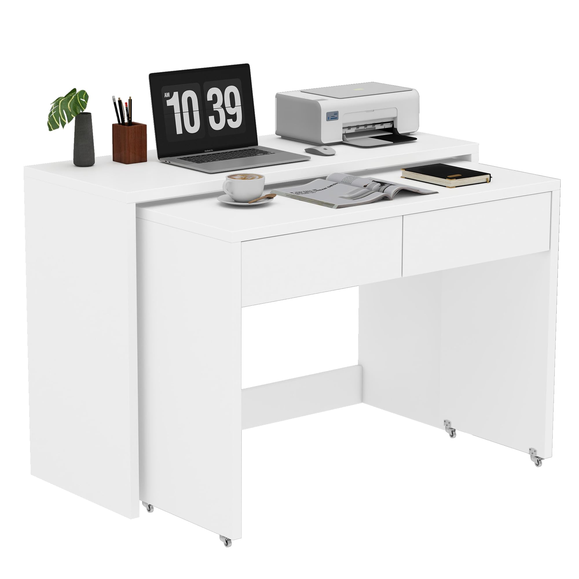 Escritorio plegable, escritorio con cajones, escritorio de esquina, aparador, escritorio de estantería, escritorio compacto 2 en 1, extensible, ruedas equipadas, 110 × 40 × 78 cm (blanco)
