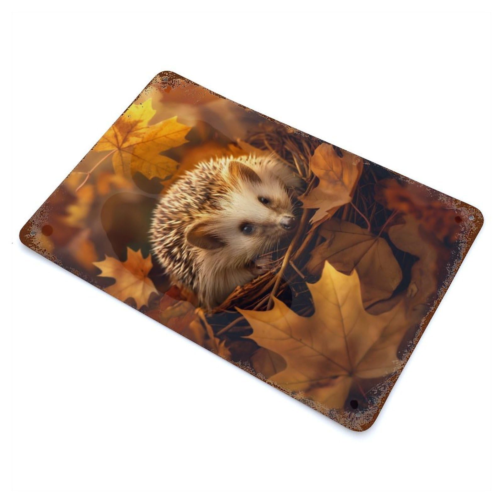 Hedgehogs Autumn Nest Rustic Tin Plaque 11.8"x7.9", Ideal for Shed, Workshop And Garage Wall Decor