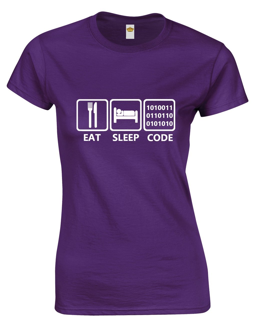 Crown Designs Eat Sleep Code for Women & Teenagers Fitted T-Shirts Tops - Purple/XL - 12/14