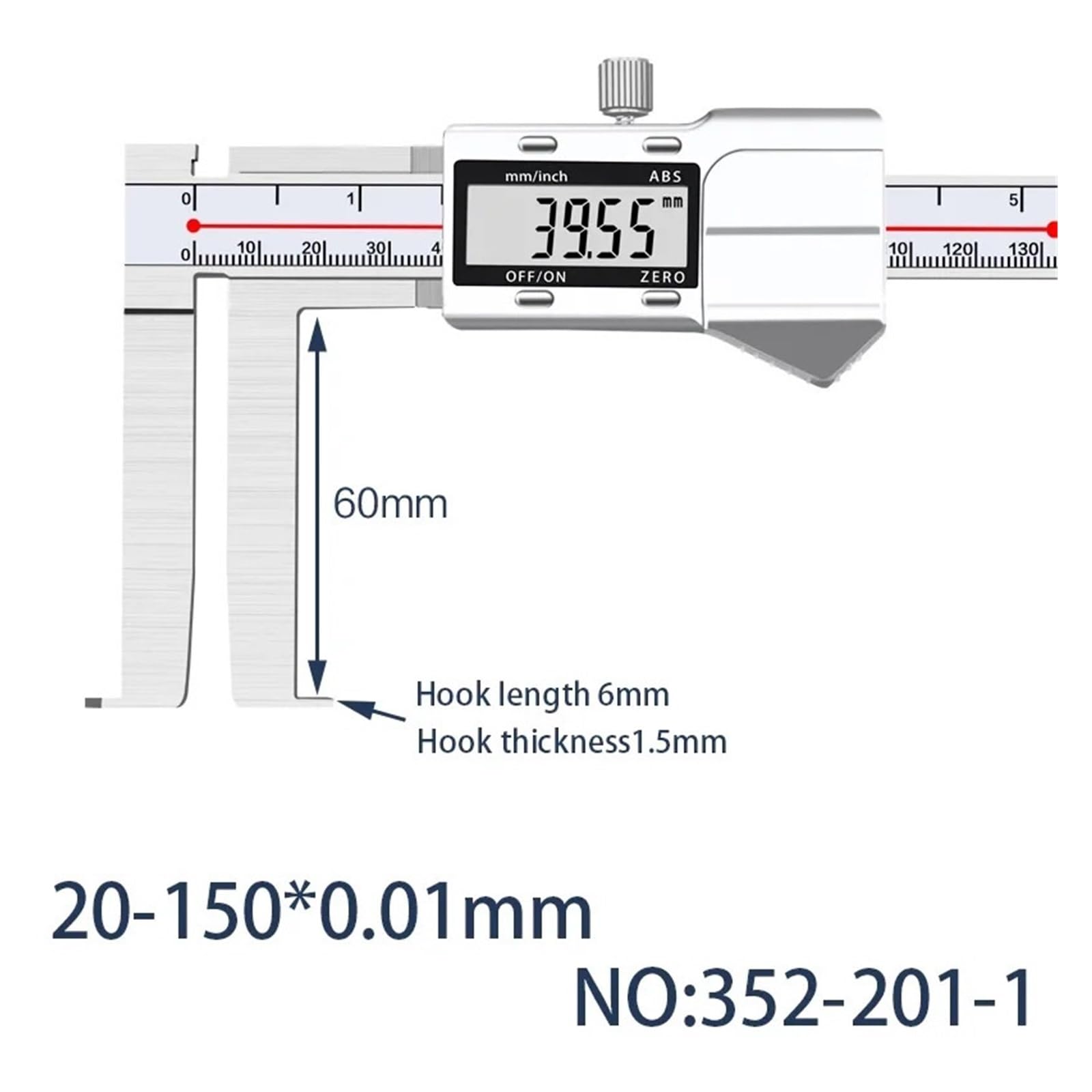 Messschieber, 5–150 mm, Innennut- und Außennut-Messwerkzeug, Innenloch-Nonimeter(20-150 hook length 6)