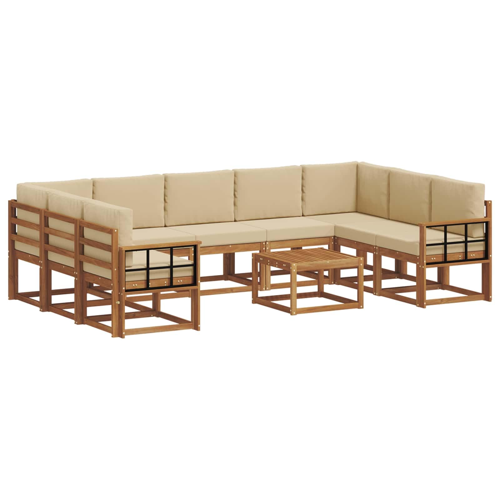 Modułowa sofa outdoorowa zestaw 10-częściowy z poduszkami, z drewna akacjowego, zestaw mebli ogrodowych w kolorze naturalnym i beżowym