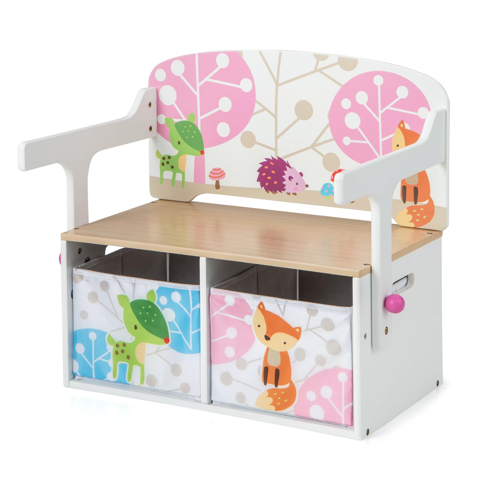 RELAX4LIFE Set Tavolo e Sedia per Bambini 3 in 1, Cassapanca Convertibile Senza Attrezzi con 2 Cesti Portagiocchi e Scrivannia con Sedie, Bianco