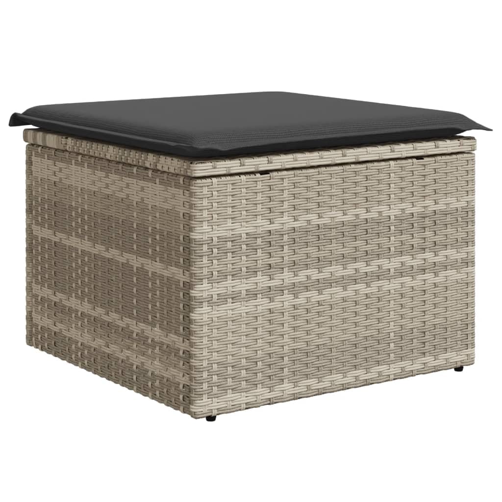 Sgabello da giardino con cuscino, grigio chiaro, in rattan sintetico, con contenitore, 55 x 55 x 37 cm, resistente alle intemperie, resistente ai raggi UV, per balcone, terrazza, lounge