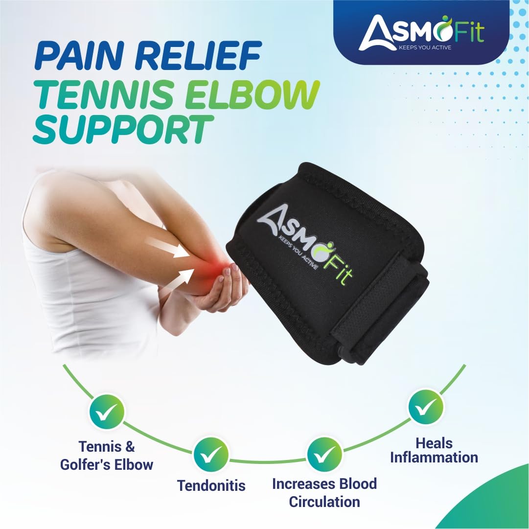 Asmofit Tennis Elbow Support for Gym with Adjustable Strap | Elbow band for pain relief in Bursitis, Tendonitis Support | Ideal for Men & Women, Weightlifting, Volleyball & Cricket - Black (Size: Universal) - Image 3 thumbnail