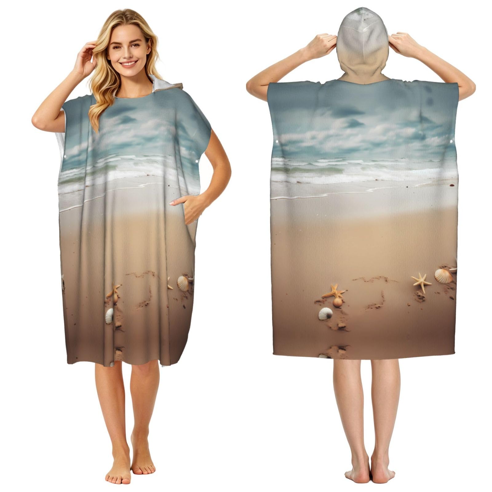 EZDLOWVBA Beach Print Hooded Poncho Microfiber Beach Towel,Adult Women & Men Changing Robe,Lightweight Summer Surf Swim Bath Poncho Towel