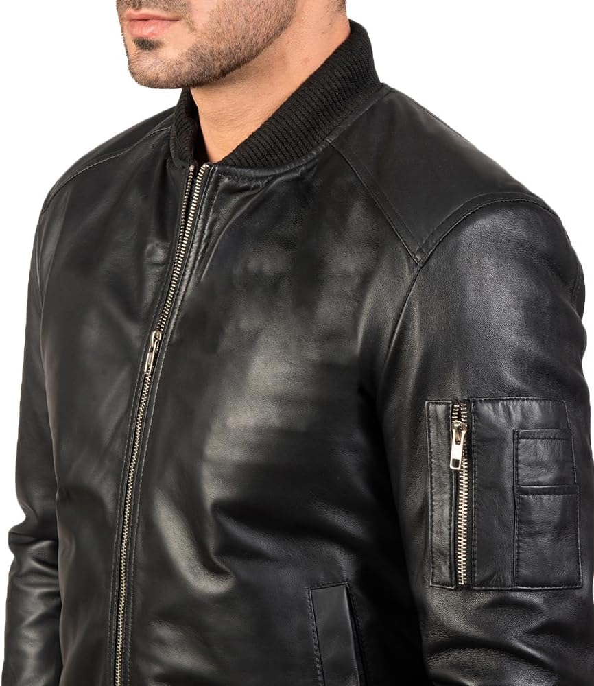 Men's Lightweight Bomber Varsity Casual Leather Jacket - 100% Full Grain Genuine Lambskin Leather Jacket for Men