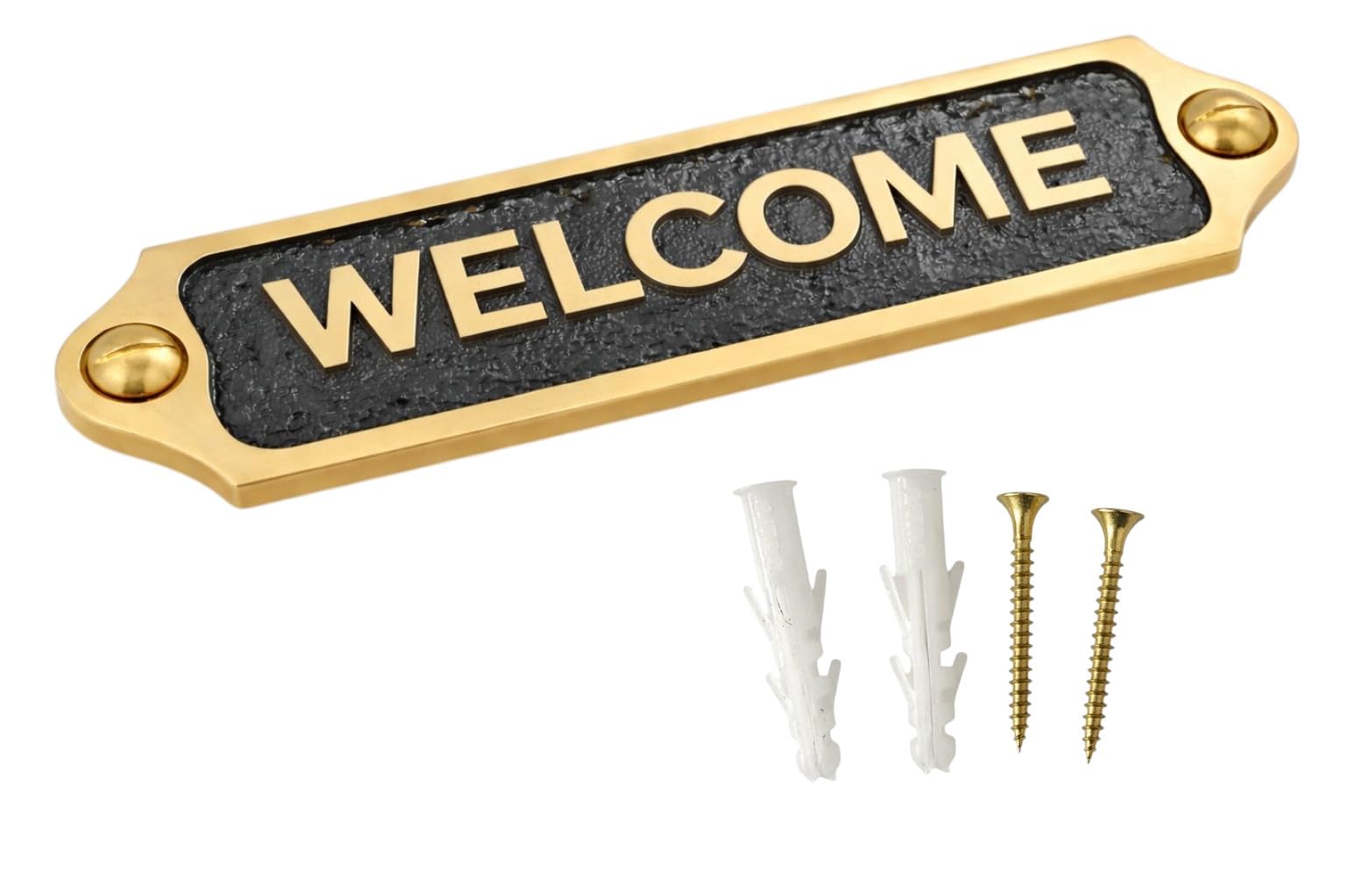 WELCOME Brass with Black Metal Door & Wall Sign Plaque | Classic Entryway Name Plate with Screws for Home Office Shop Reception | 21.5 x 4.5 cm | WELCOME โ image 1