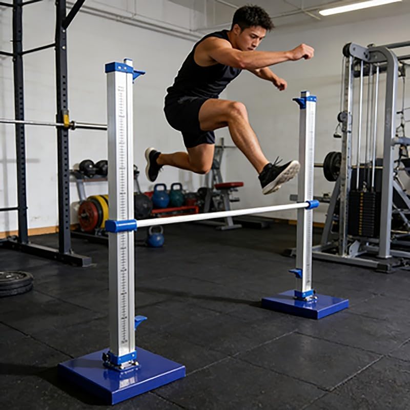 High Jump Standards, Portable Aluminum Track and Field High Jump Training Equipment with Adjustable Height 12-91 Inches, Scale Track and Field Sports Meeting Tools, Blue or Red Options