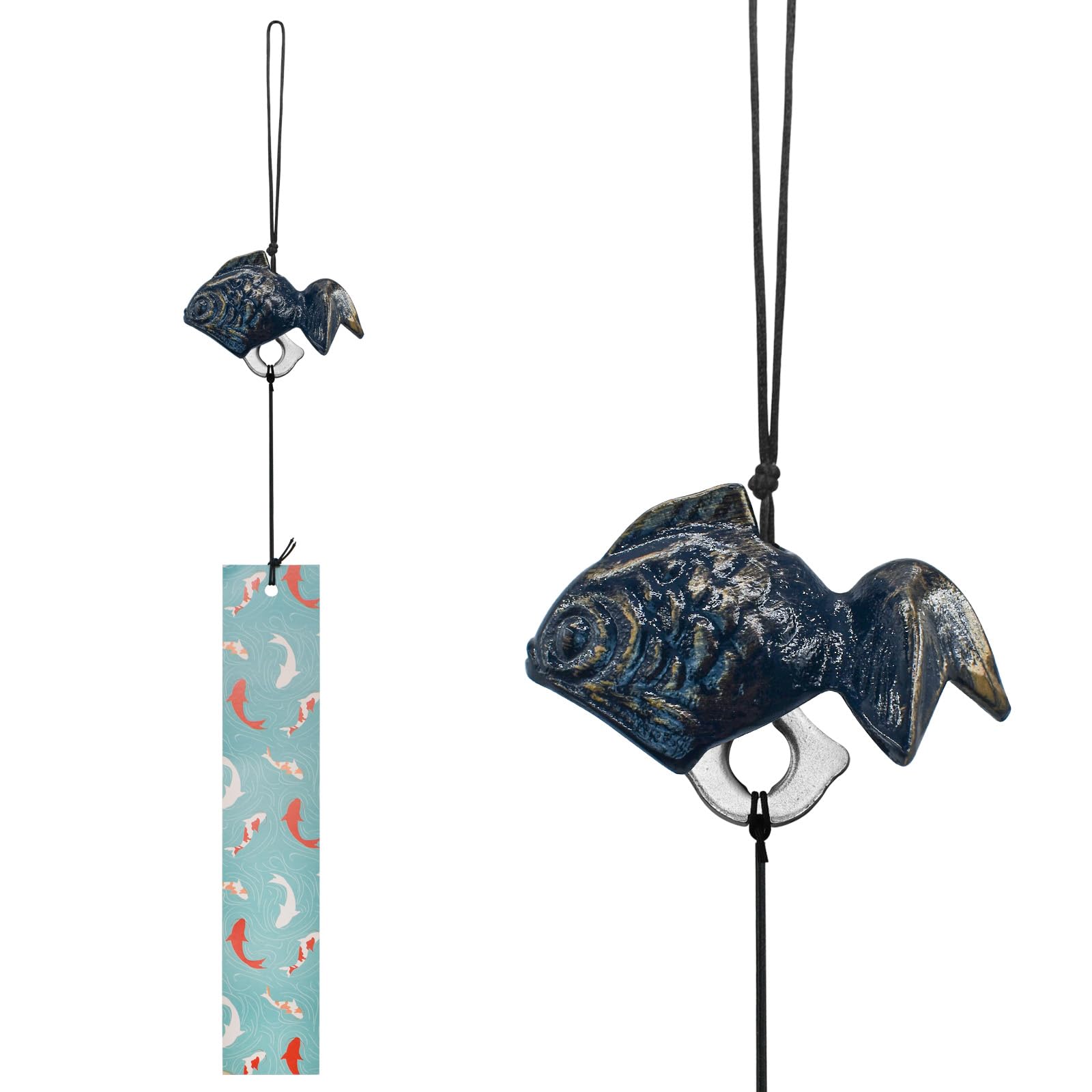 MrMrKura ウィンドチャイム 鋳鉄製 風鈴 金魚 クジラ 鉄風鈴 短冊付き 南部鉄器 レトロ 玄関 釣鐘 和風 インテリア 幸運 窓辺飾り 店舗用 プレゼント 夏の風物詩 (青色 金魚)