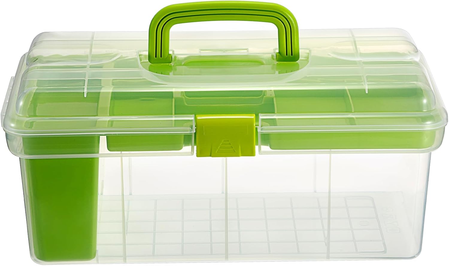 JUXYES Plastic Clear Craft Paint Bottle Storage Box with Divided Tray and Cleaning Cup, Portable Acrylic Paint Storage Organizer Case with Lid, Storage 36 Bottles of 2 fl. oz Acrylic Paints, Green