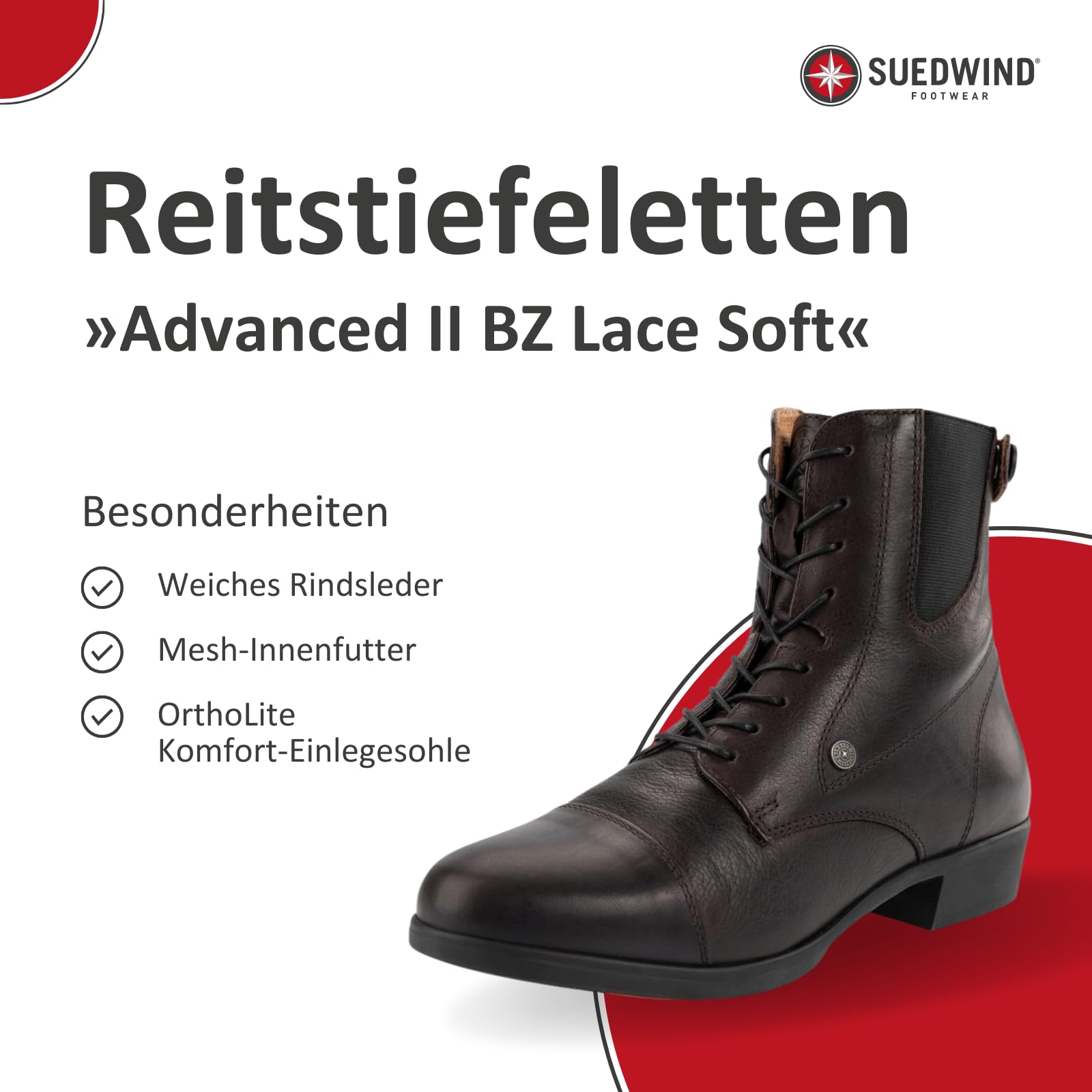 SUEDWIND FOOTWEAR Reitstiefeletten Advanced II BZ Lace Soft – Damen Jodhpur Stiefelette – Mesh-Innenfutter, Reißverschluss & Schnürung – Leder Chelsea Boots – Schwarz o. Braun – 36-46