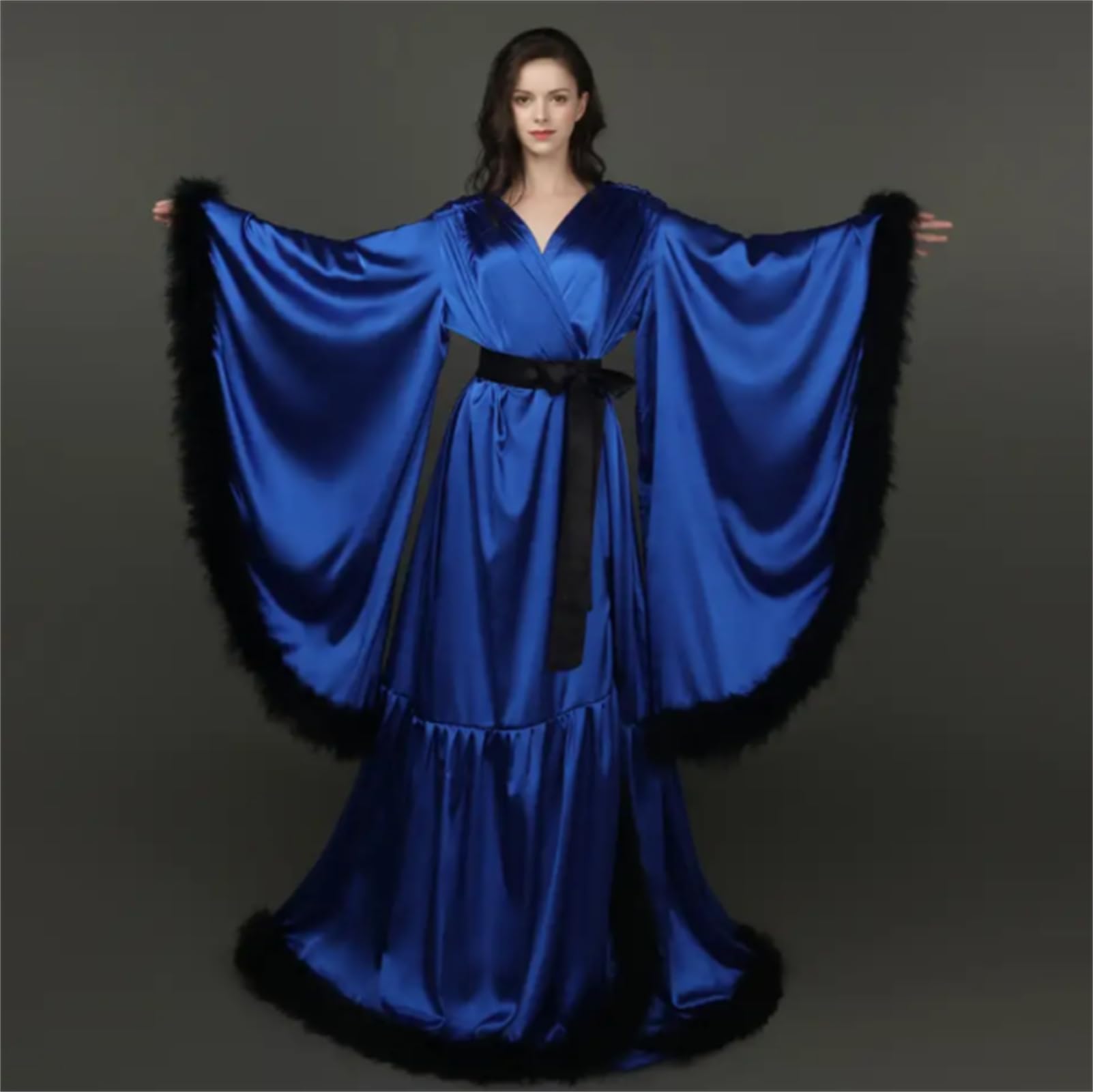 Robe de chambre en satin pour femme, robe de demoiselle d'honneur, pyjama avec bord en fourrure, vêtement de nuit doux et soyeux