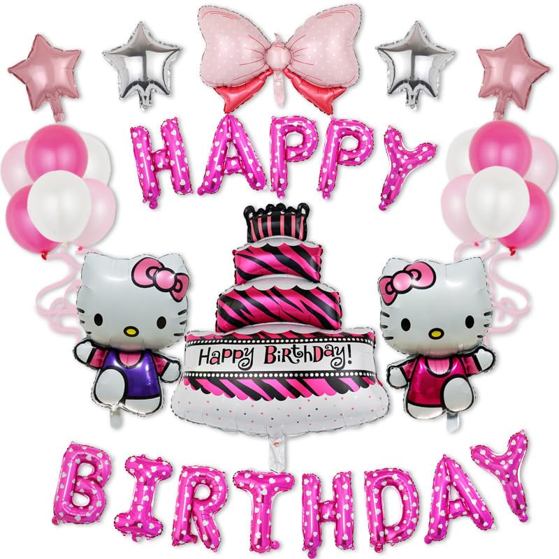 Kitty Birthday Party Supplies Balloons Party Decorations Set Include HAPPY BIRTHDAY Banner Foil Balloons Kitty Balloons Pink Latex Balloons for Girls Kitty Theme Party