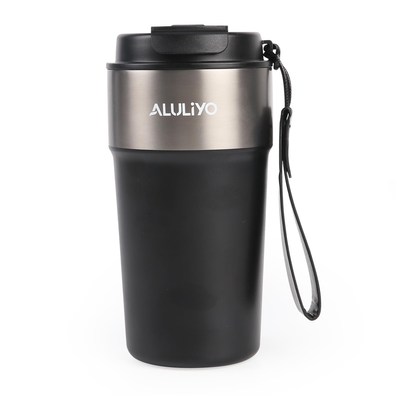 ALULIYO Insulated Coffee Cup, Leakproof Coffee Cup Travel Mug, Double Wall Thermal Cup for Hot & Cold Drinks，Tumbler with Straw and Lid, BPA-Free, Black, 500ML