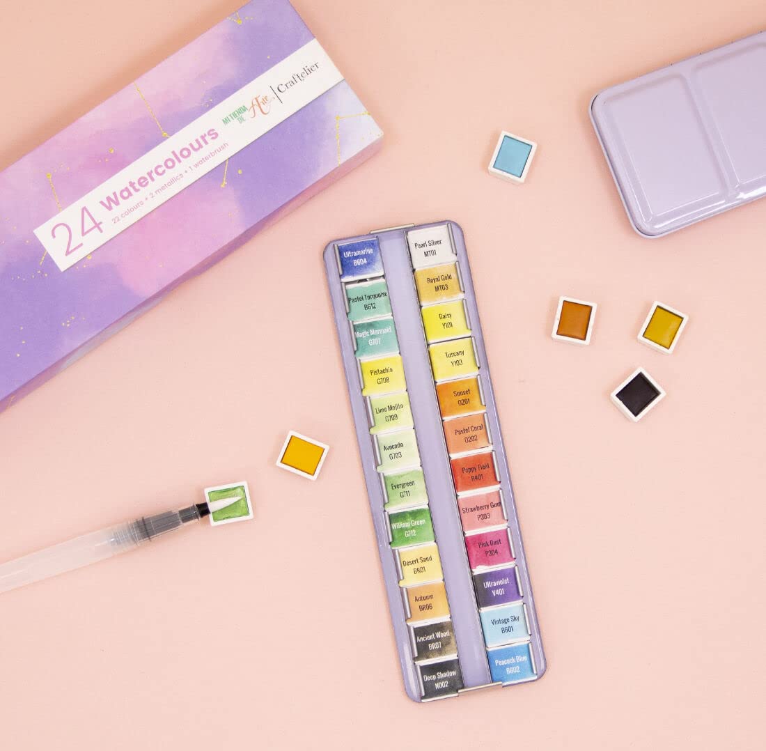 Craftelier - Caja de Pastillas de Acuarelas con Surtido de 24 Colores + Pincel con Depósito de Agua o Waterbrush para Caligrafía, Lettering o Mixed Media y otras Manualidades | Alta Pigmentación