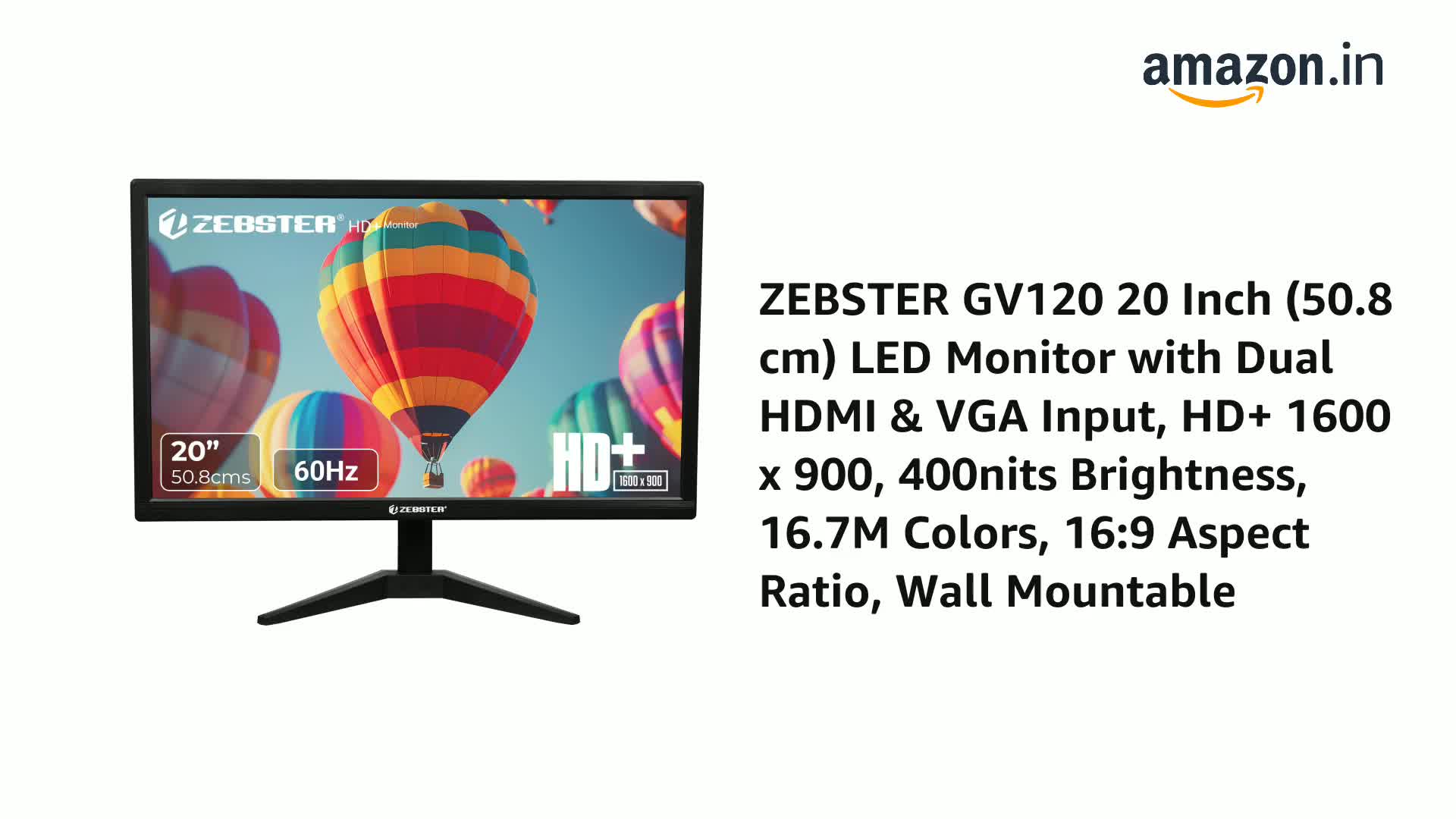 Amazon.in: Buy ZEBSTER GV120 20 Inch (50.8 cm) LED Monitor with