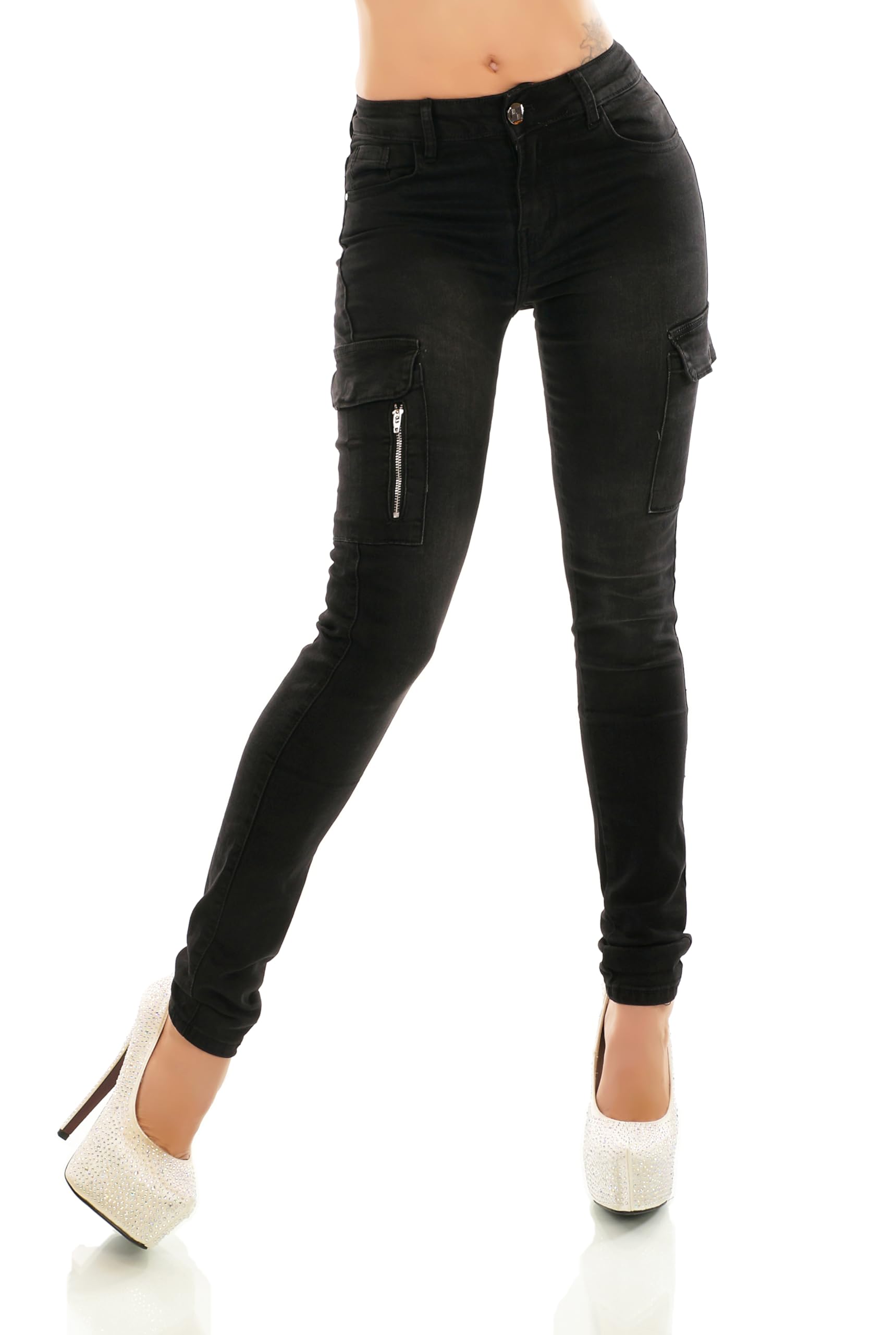 Damen Jeans Hose Cargo Look aufgesetzte Taschen Röhrenjeans Skinny Slim Fit Zipper XS S M L XL